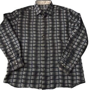 Vintage Luchiano Visconti Mens XL Button Down Shirt Black Grey Geometric Cotton